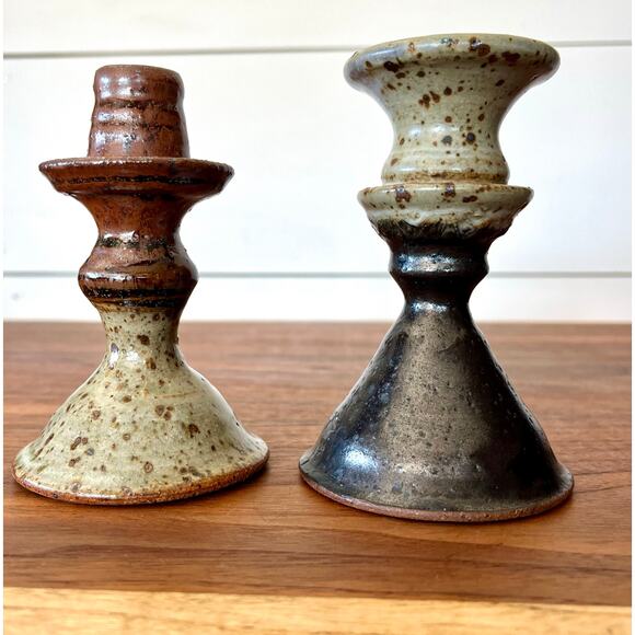 Vintage Pair of Handmade Stoneware Glazed Candlestick Holders Signed Hanson - Picture 14 of 15